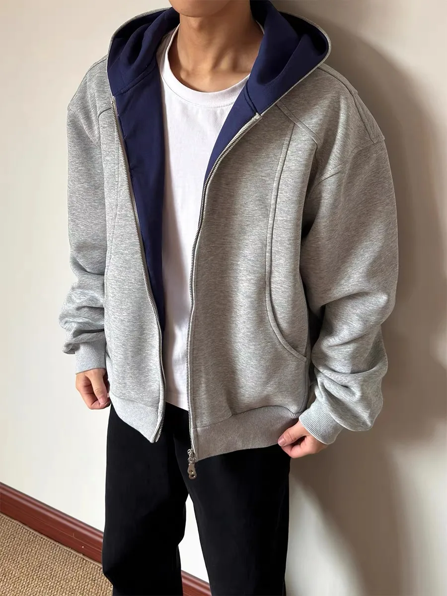 

American Retro Deconstructed Zipper Hooded Open Cardigan Sweatirt Men Versatile Inner Color Blo Design Casual Jaet