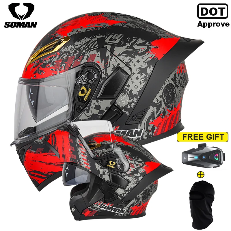 SOMAN Motorcycle Helmet Bluetooth Headset Dual Visor Lens Modular Helmets Motocross Full Face Capacete Cascos DOT Approved