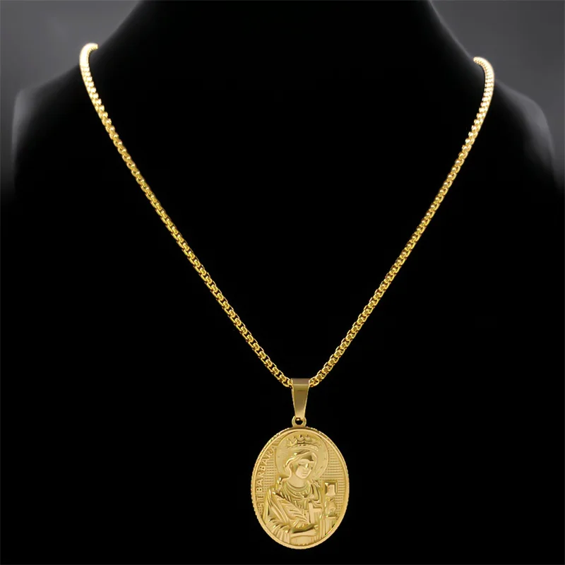 Saint Barbara Cross Medallion Necklace for Women Men Stainless Steel Gold Color Amulet Christian Chain Jewelry Colar NZZ474S02
