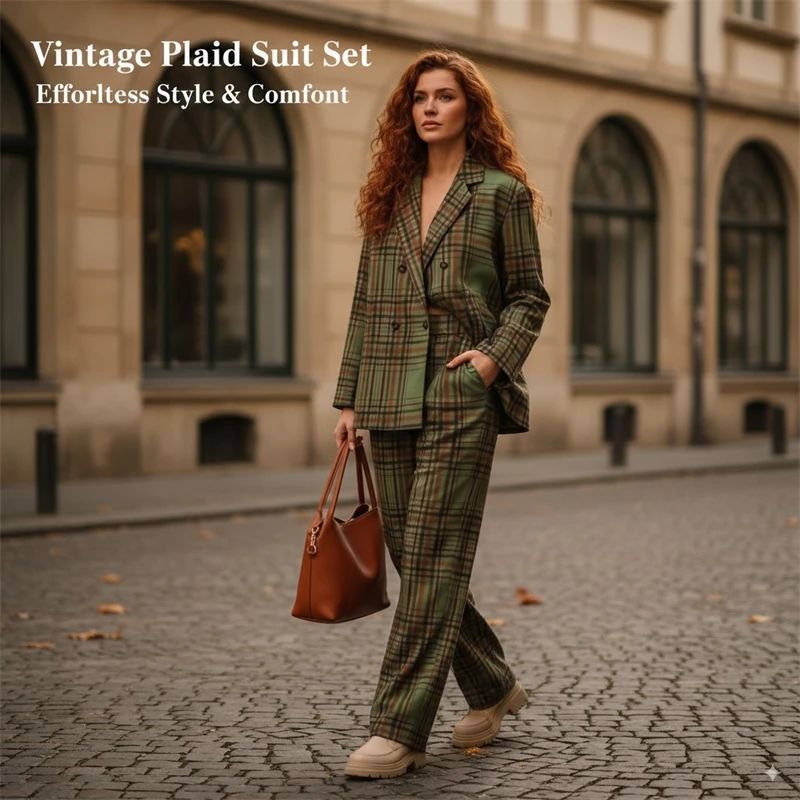 

Vintage Plaid Women Suit Set Green Oversized Blazer and Wide-Leg Pants Zip Up Streetwear Autumn Outfit 2025