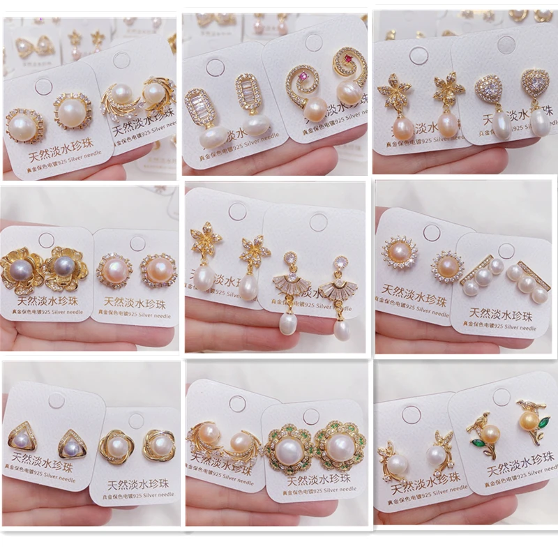 10/20Pair/Lot Fashion Natural Freshwater Pearl Zircon Stud Earrings For Women Geometric Round Jewelry Party Gift Wholesale