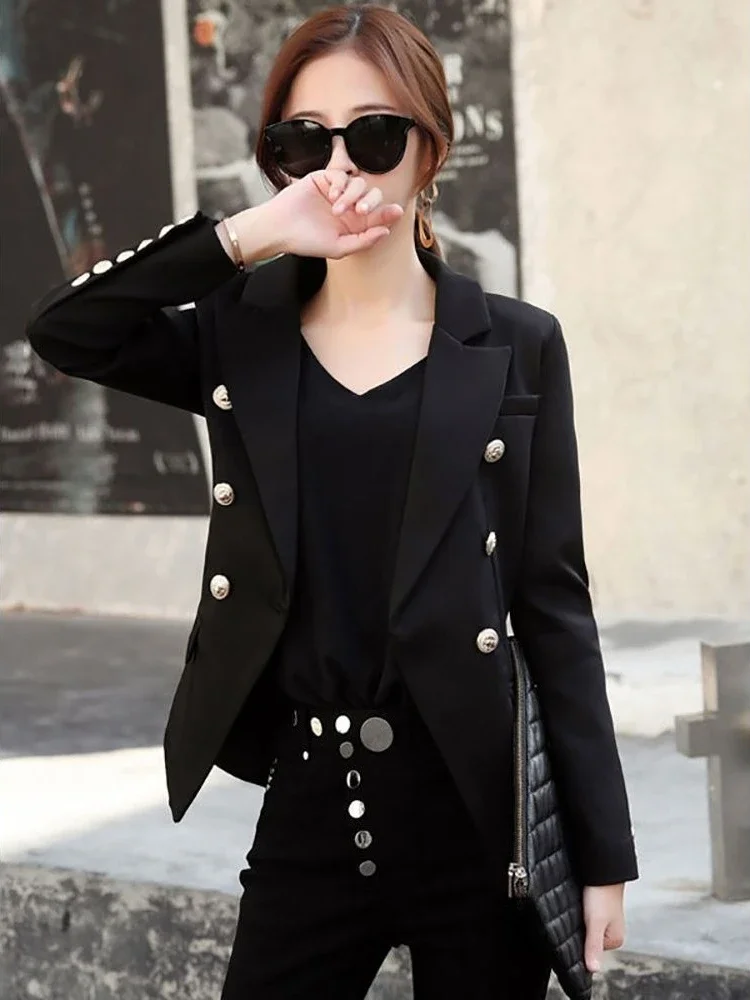 

Women's 2025 New Autumn Winter Black Long Sleeve Blazer Button Decor Lightweight Luxury Premium Cinched Waist Slimming Coat