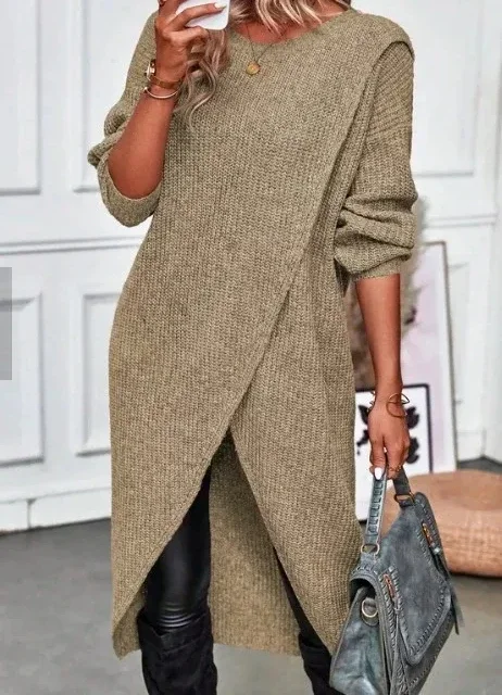 Long Knitted Sweater Women 2023 Gray Pullovers Autumn Winter Khaki Warm Fur Jumpers Maxi Y2k E-girl Jumper Work Sueter Mujer