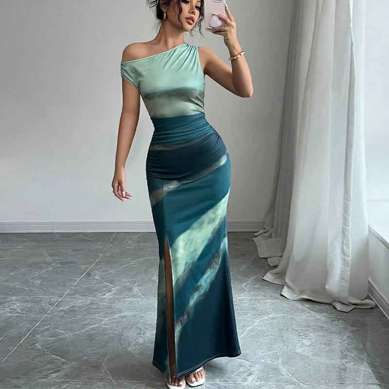 vintage tie-dye Sleeveless Suspender Dress Summer Female Beach Party tank Dress Women Fashion Slanted shoulder Slim Maxi Dresses