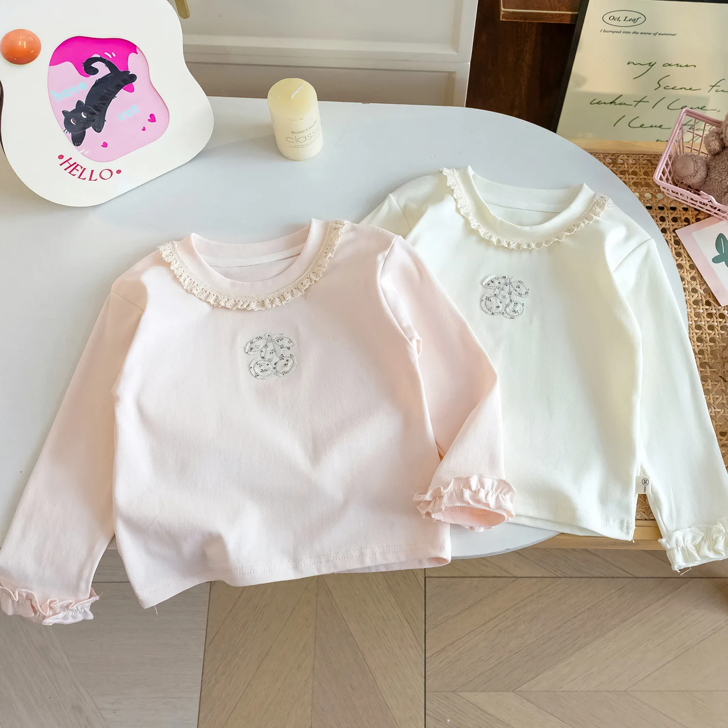 Girls Lace Round Neck Undershirt Spring Fall Korean Cotton Long Sleeve T Shirt Baby Girl Stylish Ruffled Top