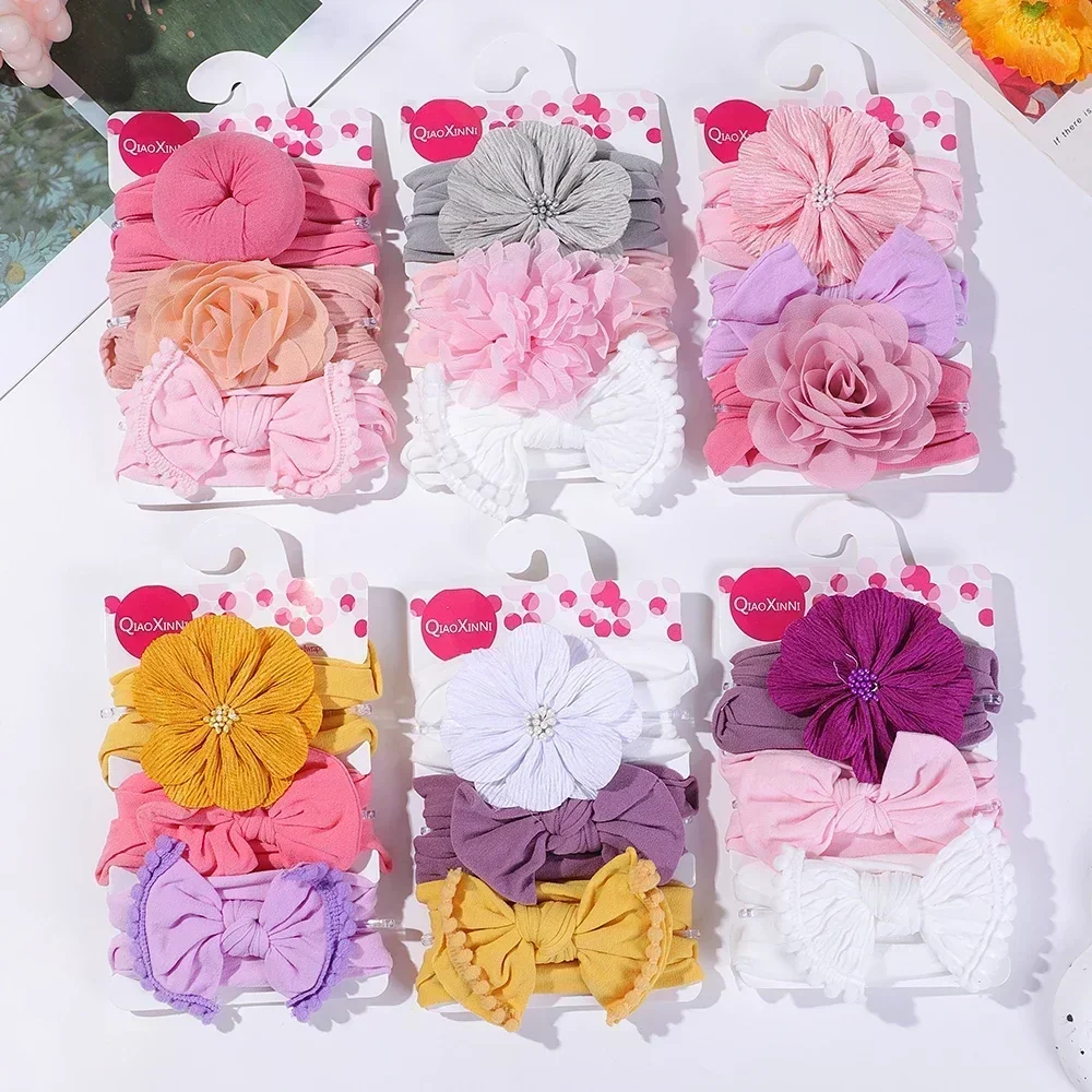 3pcs/set Sweet Multicolor Cotton Big Flower Bowknot Headband Baby Girls 2024 Turban Kids Headwear Hair Accessories Birthday Gift