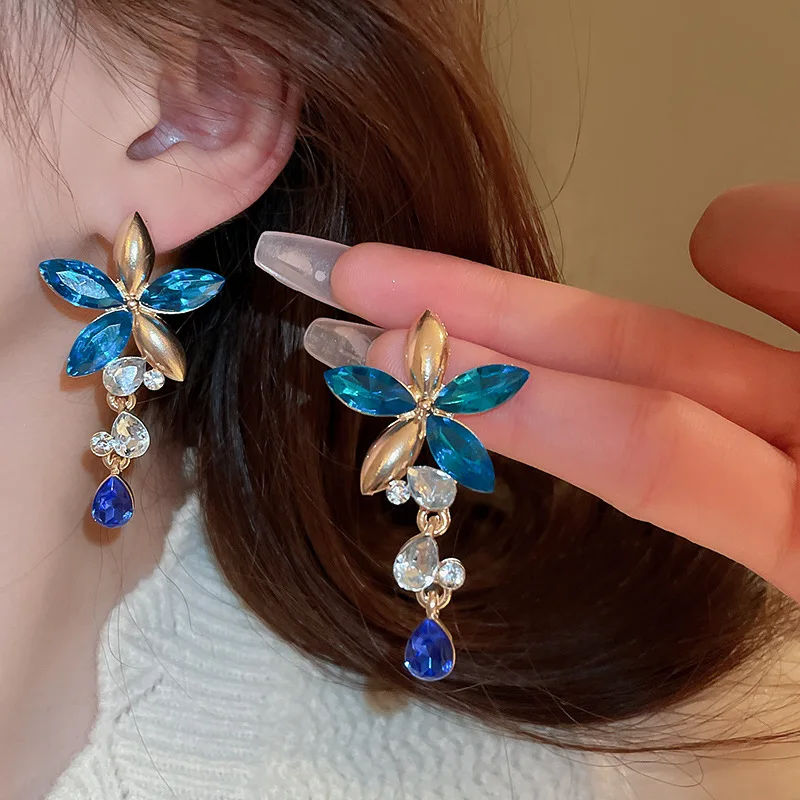 Inlaid Rhinestone Flower Tassel Earrings Necklace Two-piece Set Elegant Collarbone Chain Mesh New Dainty Blue Accessories