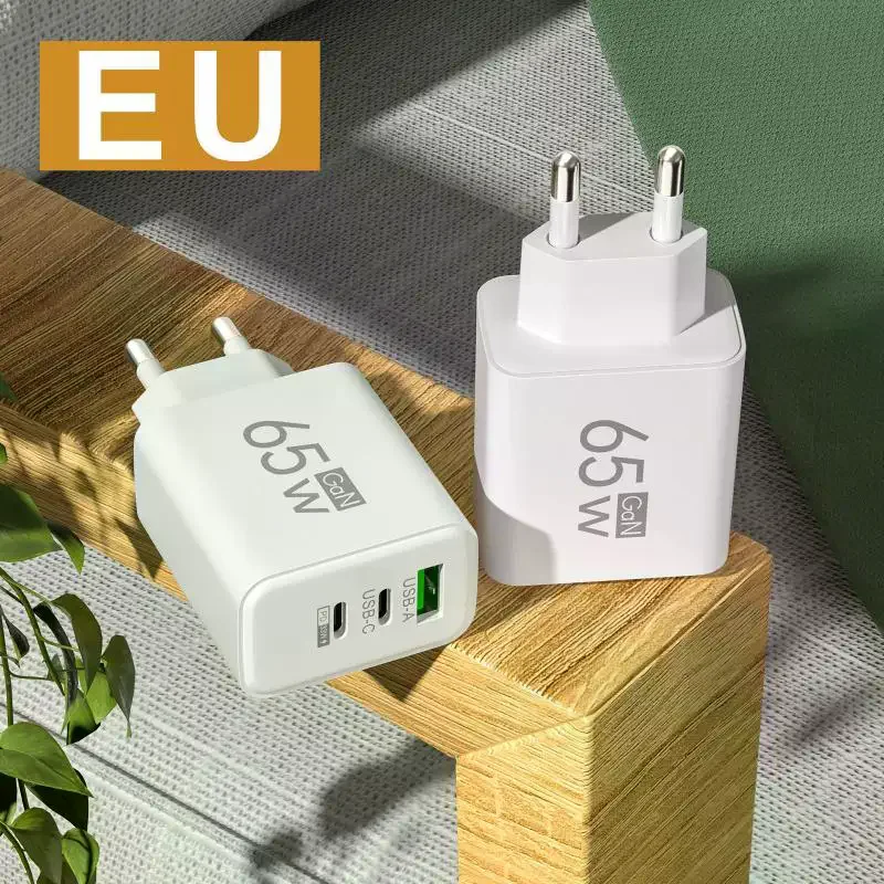 65W GaN Quick Wall Charger EU Plug Dual USB C & USB A Port 3-in-1 Fast Charging Adapter for Phone Laptop Power Bank Charging