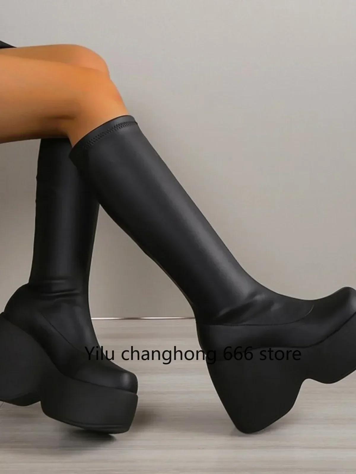 

Autumn/ Winter Platform Wedge Knee High Women Boots Round Toe Black Slip On Fashion Boots 2024 New Arrivals Casual Runway Boots