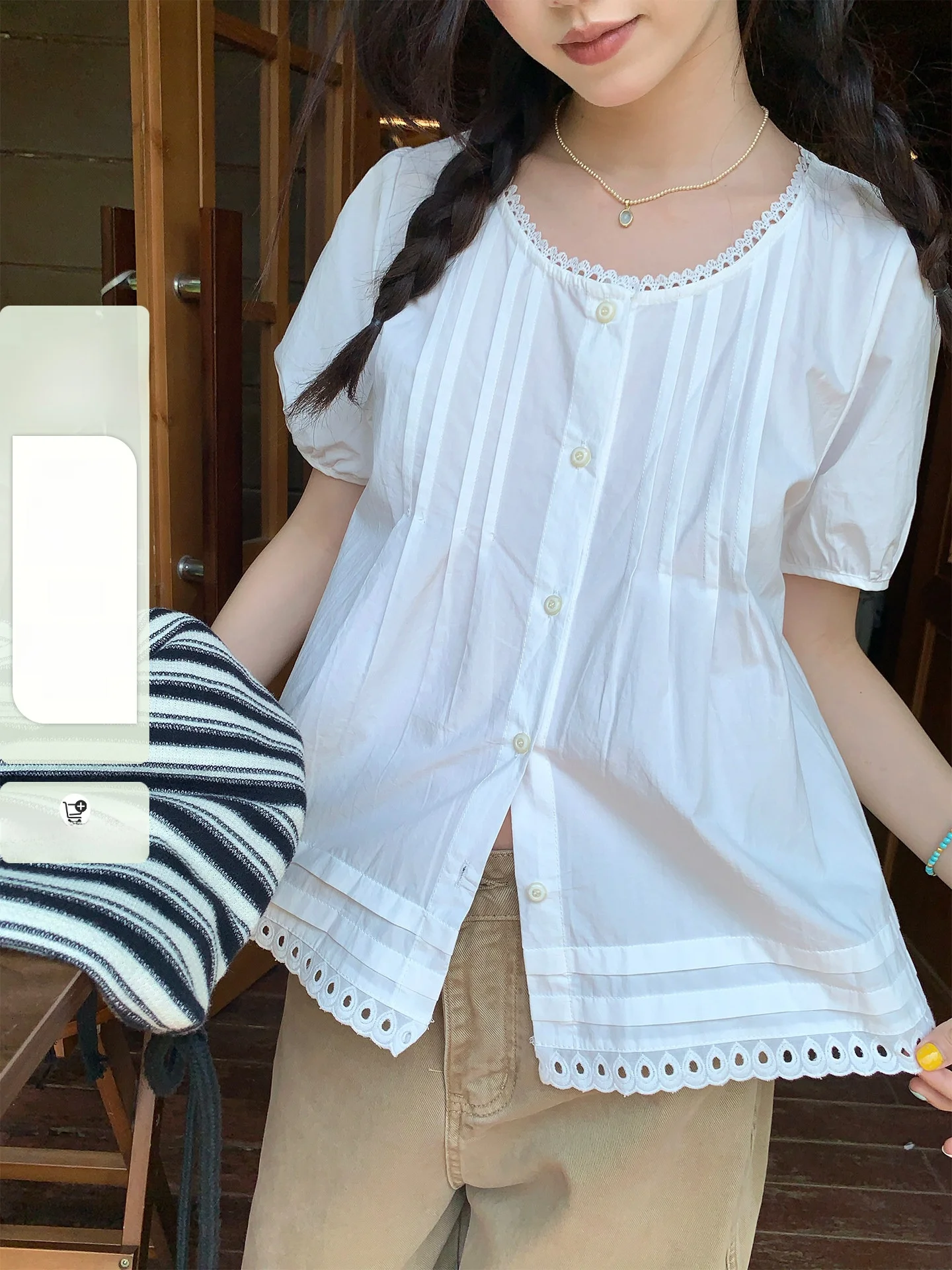 

Hollyii Korean Style Lace Trimmed Ruffle Collar Versatile Shirt Women's Summer New Arrival Breathable Short Sleeve Casual Top