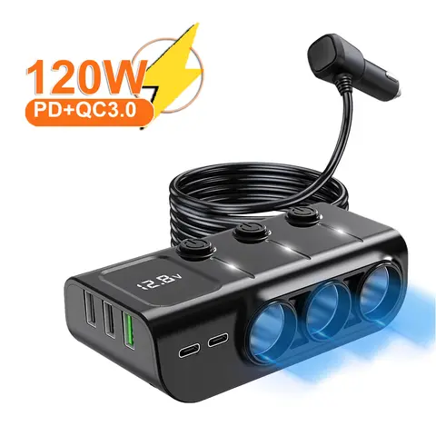 시가 라이터 분배기 C타입 QC3.0 PD 소켓, 듀얼 USB 충전 포트, 자동차 12V 24V 플러그 콘센트, 자동차 충전기 어댑터, 8 in 1, 36W
