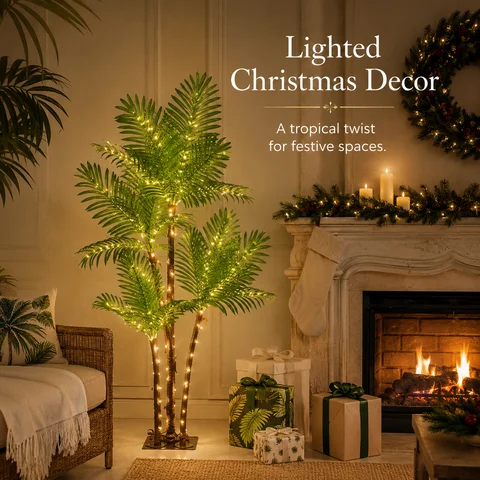Artificial Palm Tree with LED Lighted Christmas Decor USB Powered, 5FT, 6FT Artificial Palm Tree with LED Lights, 8 Lighting Modes and IP65 Waterproof for Indoor Outdoor Christmas and Tropical Spaces