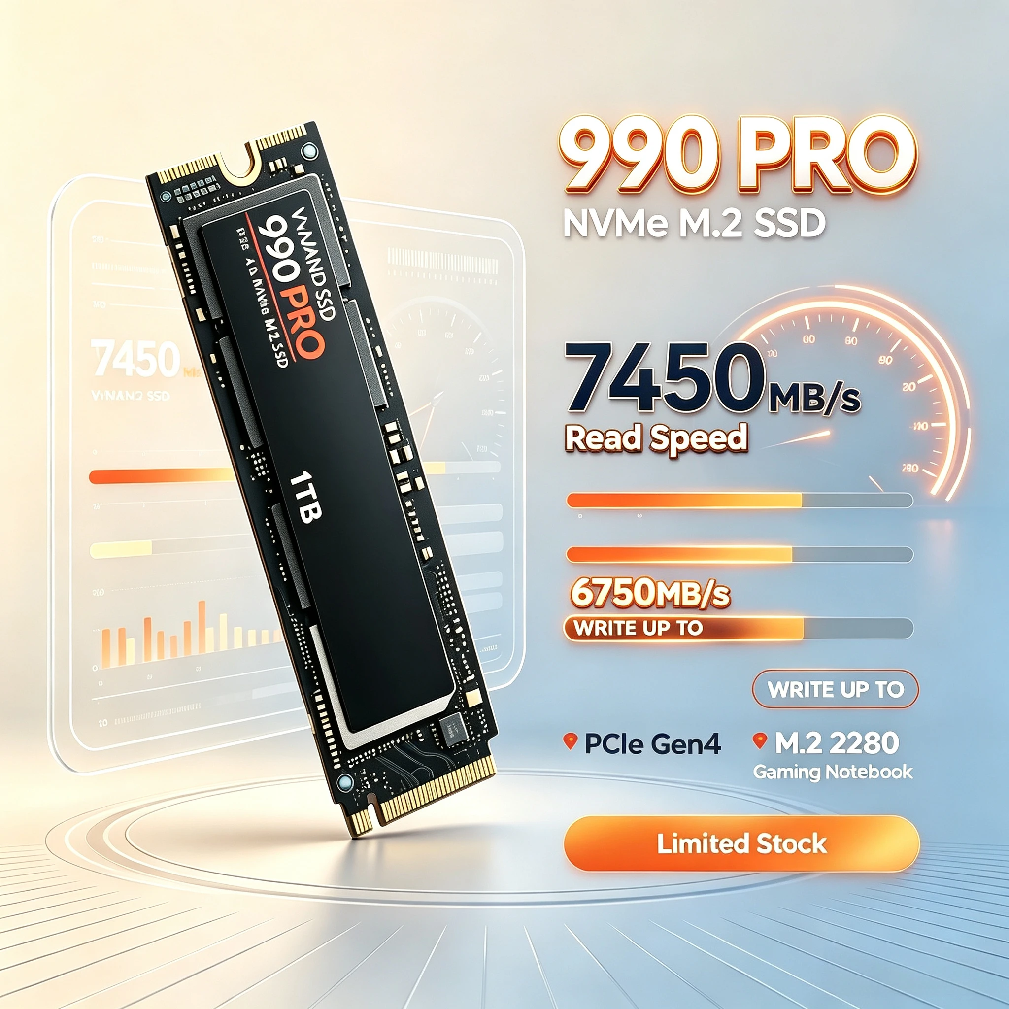 Authentic 990 PRO 512GB-4TB PCIe Gen4 M.2 2280 NVMe SSD, 7450MB/s Read Speed, for PS5, Desktop Towers and Gaming Notebooks.