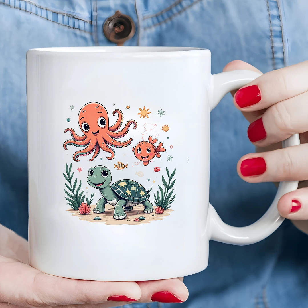 

11oz cartoon sea animal mug whimsical Christmas gift for family and office cute marine life illustration cup for hot and cold dr