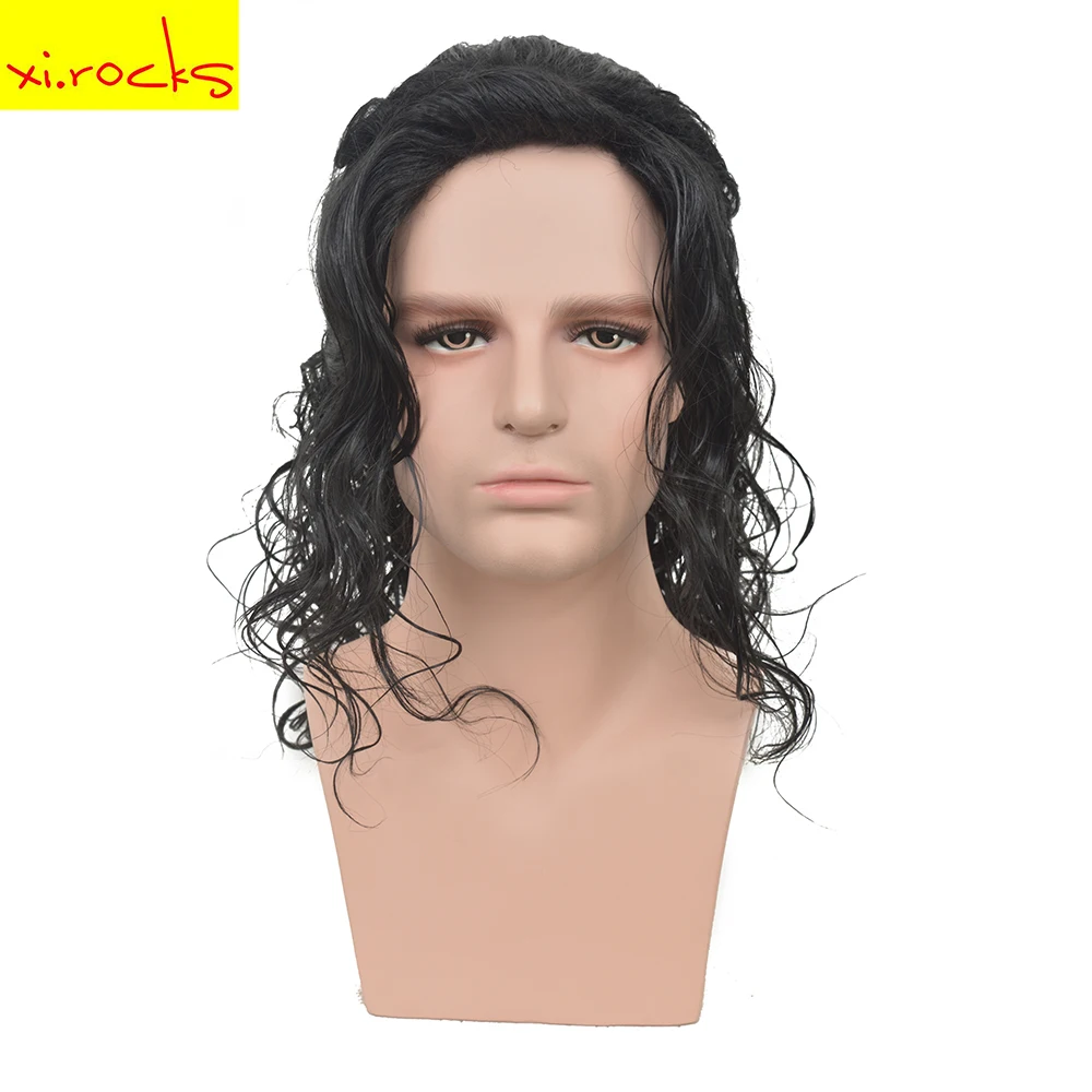 Xi-Rocks AD3499 Michael Jackson Cosplay Black Wig Michael Role Play Medium Long Curly  Hair  Halloween Cos Wigs