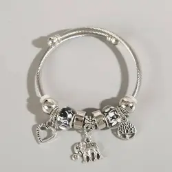 Obega Heart Elephant Lucky Tree Pendant Charm Bracelet Shiny Silver ColorMetal Bead Cuff Bangle Simple Style Ins Party Jewelry