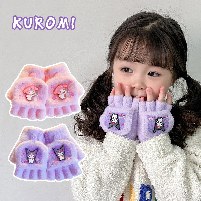 1Pair Kawaii Sanrio Kuromi Melody Cinnamoroll Gloves Winter Cold-proof Warm Thickened Flip Children Gloves Christmas Gifts