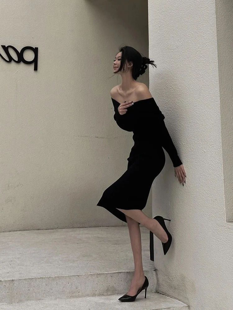 

Elegant Knitted One-Shoulder Draped Dress for Engagement Parties Sexy Black Midi Dress Women Spring High Waist Slim Fit V-Neck