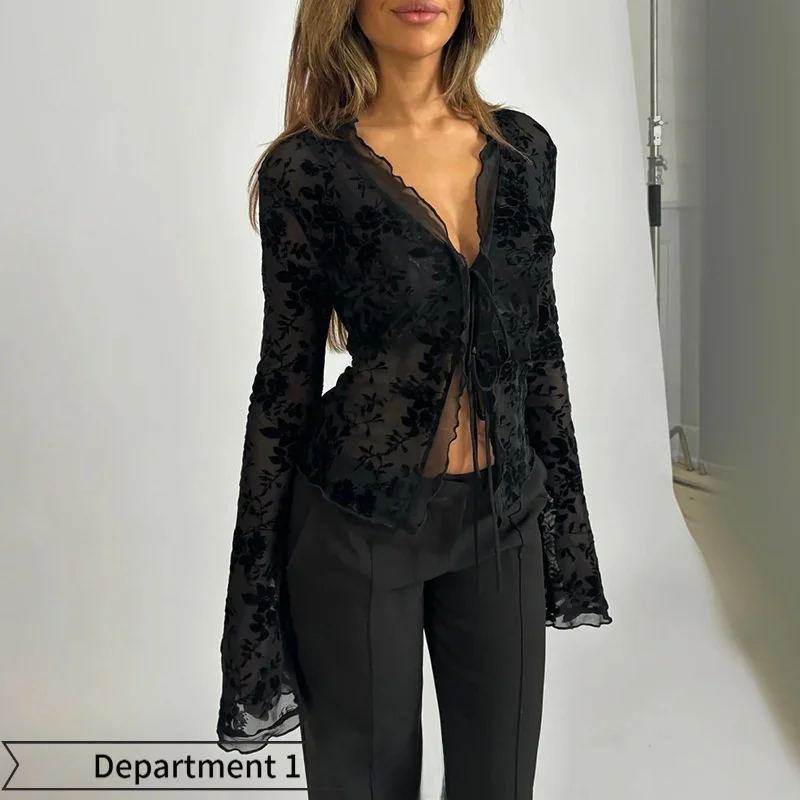 

Faionable Slim Fit Chiffon Blouse V Ne Lace Patchwork Top Women's Ele Long Sve Bellsve Open Cardigan Sle