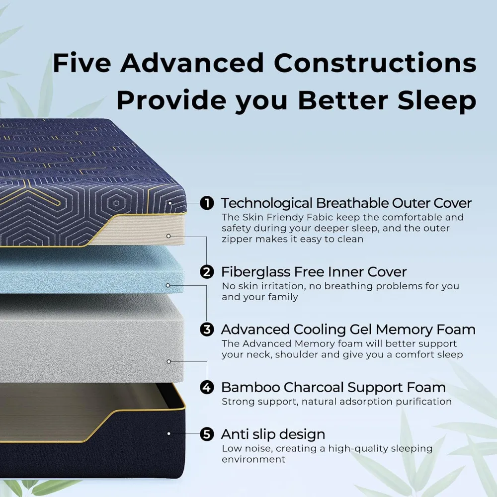 Mattress 10 inch, Memory Foam Mattress for Pressure Relief, Cooling Gel Mattress in a Box, Bamboo-Charcoal Foam, Fiberglass Free