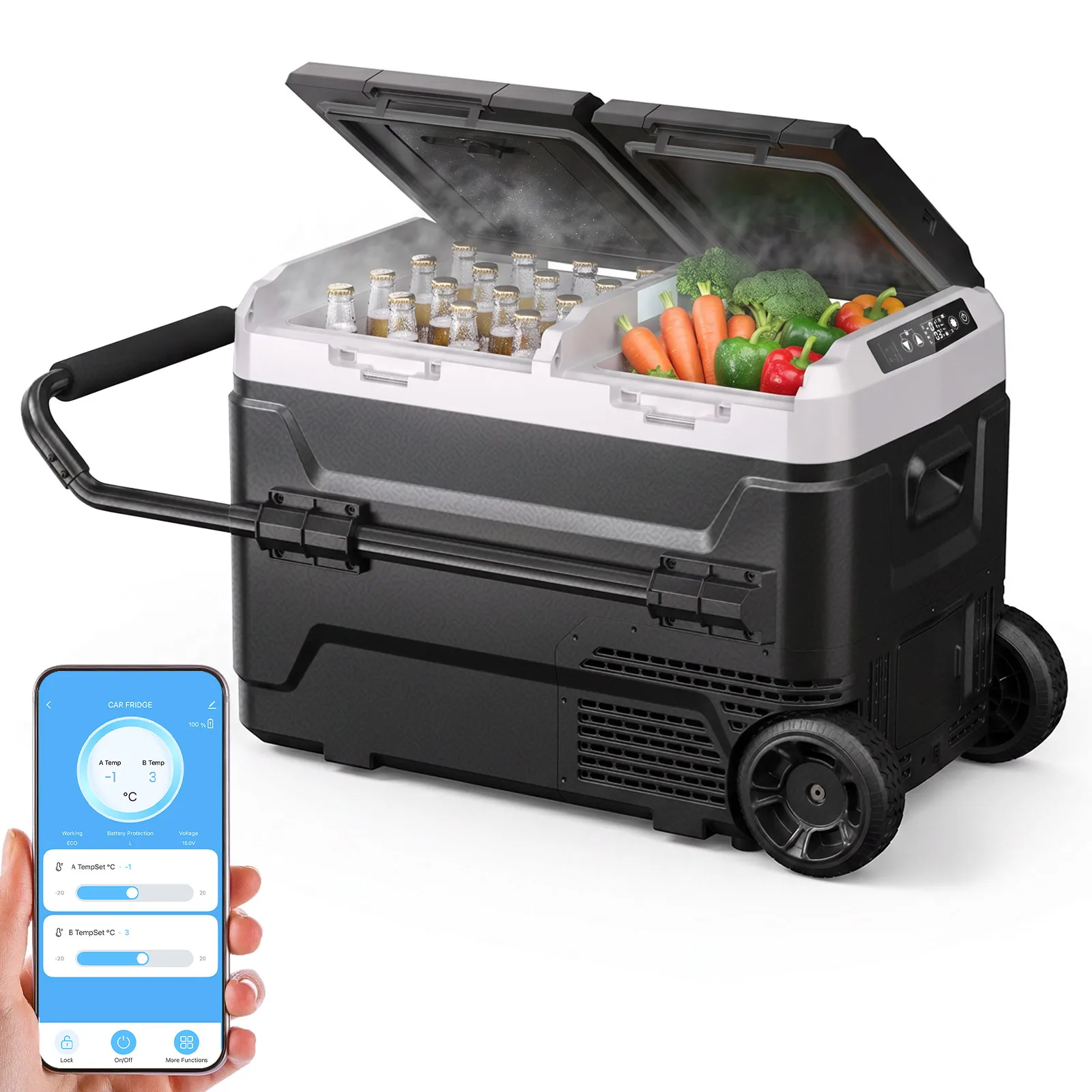 Hcalory PM+ Series Auto-Kühlschrank 40L 50L Unabhängige Doppelzone bluetooth-App -20°C ° C bis 20 ° C 12V 24V 230V Räder-Trennwand 45dB Leise für Wohnmobil LKW Camping