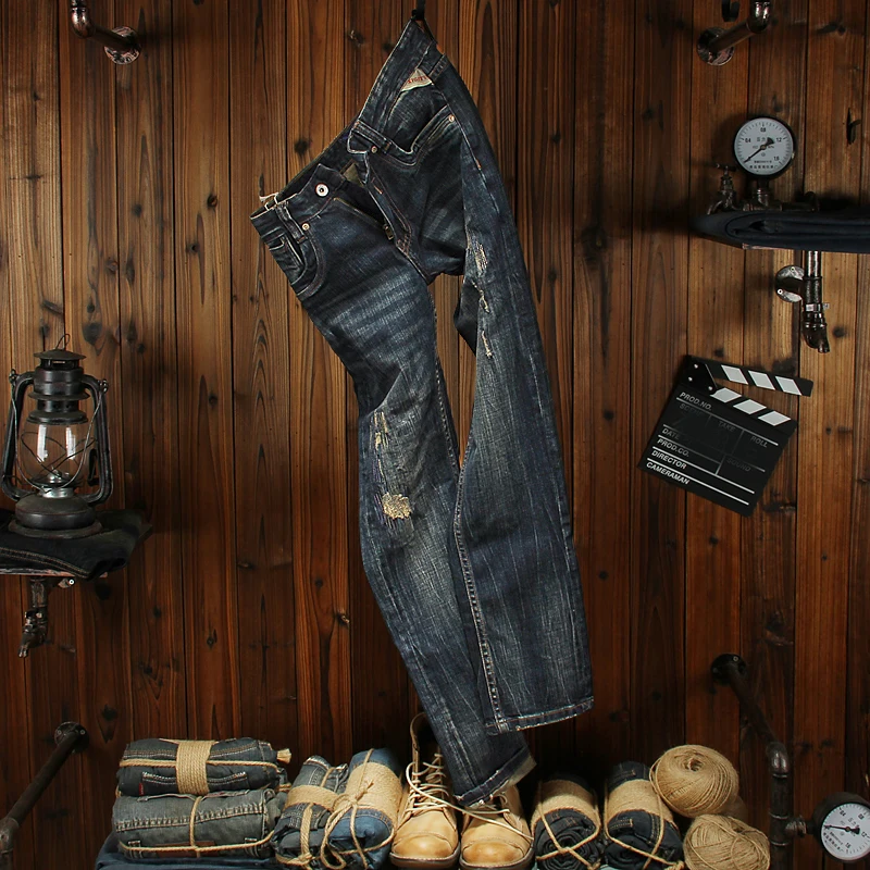 Italian Fashion Men Jeans Retro Black Blue Elastic Slim Fit Vintage Ripped Jeans Men Embroidery Patchwork Designer Denim Pants