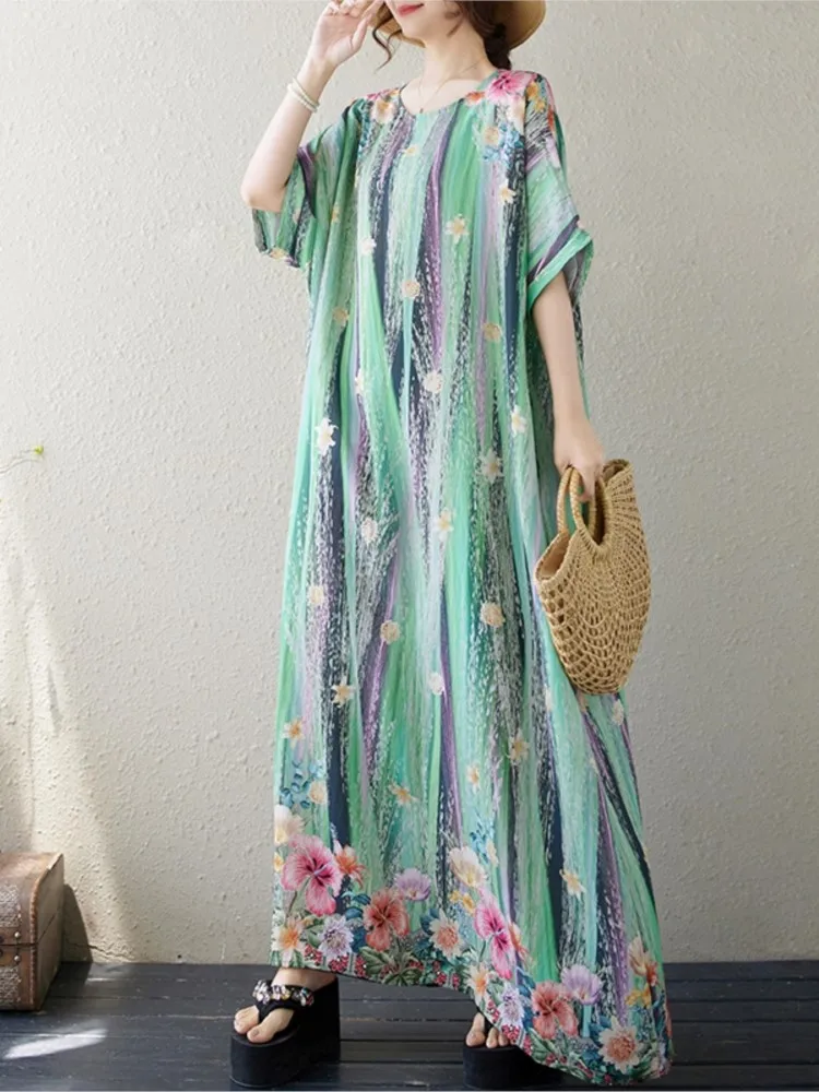 Oversized Bohemian Style Summer Flower Floral Print Long Robe Dress Women Loose Pleated Ladies Dresses Fashion Woman Dress