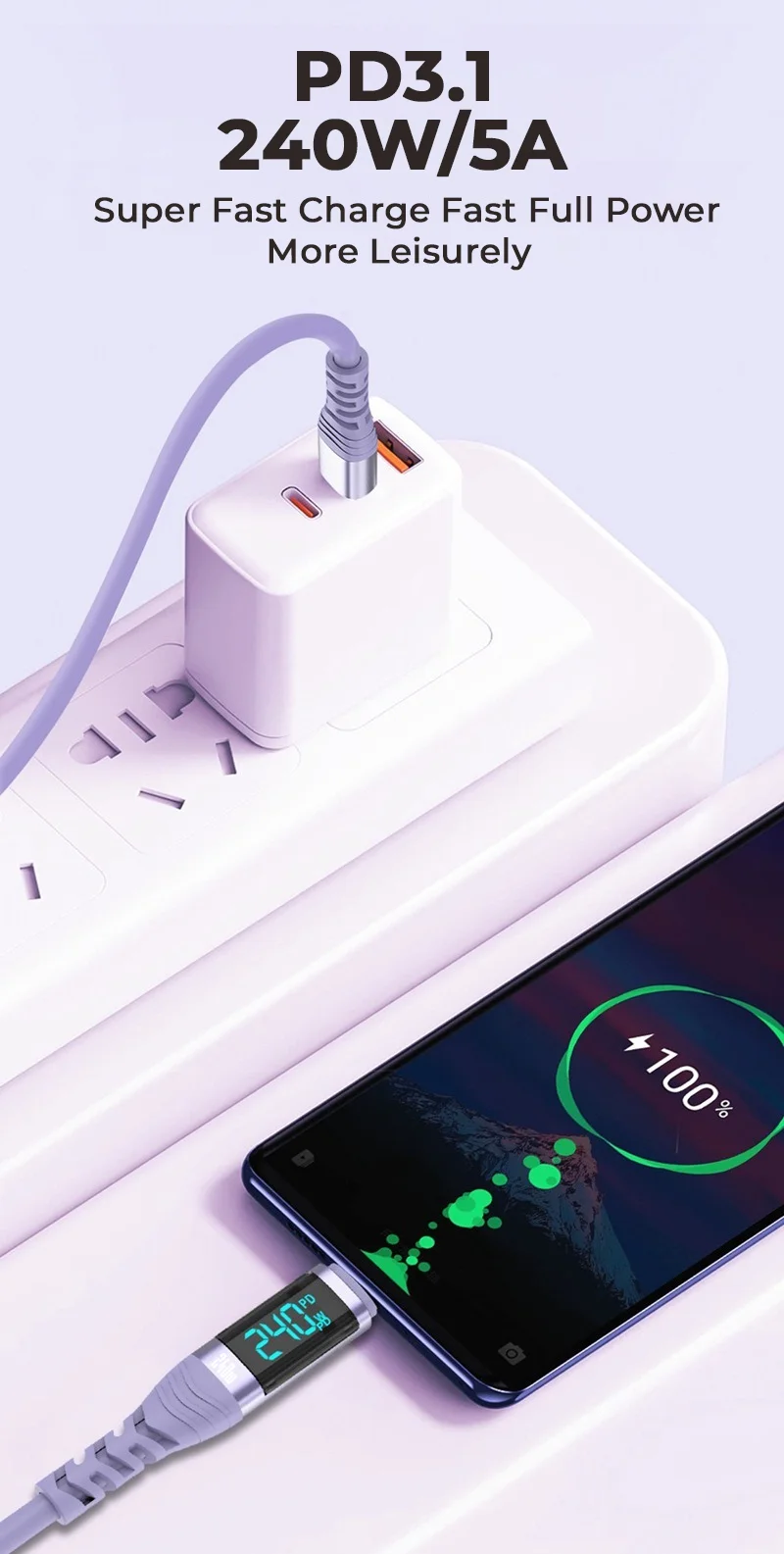 NNBILI 240 W Schnelllade-Datenkabel PD3.1 Digitalanzeige USB C auf Typ C-Kabel für iPhone 15 16 Samsung Xiaomi Typ C-Kabel – Detail 3