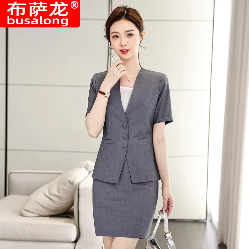 

Blue Short-Sleeved Suit Business Suit Women's Summer Thin Hotel Reception Gold Store Jewelry Shop Workwear