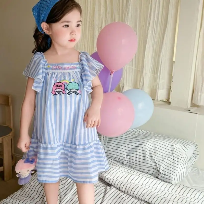 Half Sleeved Dress Sanrio Little Twinstars Summer Casual Style Lotus Leaf Sleeves Stripe Girl Skirt Cartoon Kawaii Daily Life