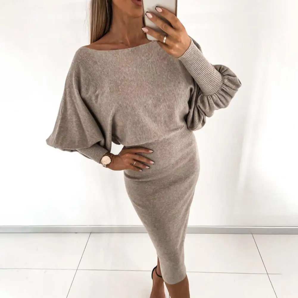 

Woman Tunics Dresses Lantern Long Sleeve Knitted Dress High Waist Autumn Pencil Dress Slim Fit Lady Bodycon Dress for Party