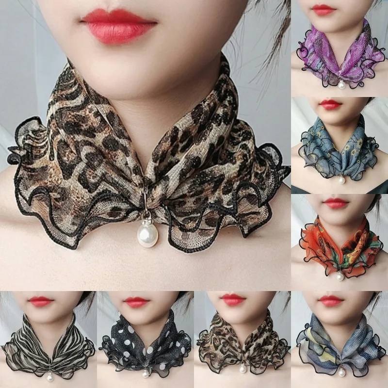 Fake Pearl Pendant Ruffle Lace Scarf Organza Neck Collar Chiffon Scarves Print Shiny Scarf Multi-functional Elastic Neck Wrap