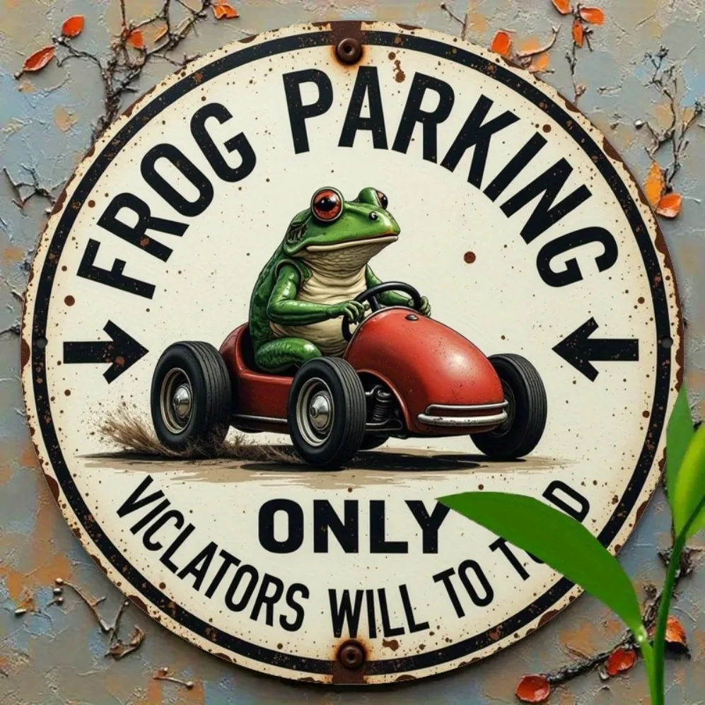 

2D Flat,Vintage-Style Frog Parking Sign-Whimsical Cartoon Driving Red Car Design - Rustic Wall Decor for Cafe Frog Garden Decor