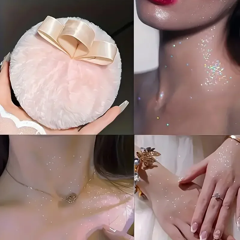 Big Fluffy Glitter Powder Puff Round Body Powder Puff with Portable Makeup Puff for Face Body Glitter Highlighter Makeup Powder