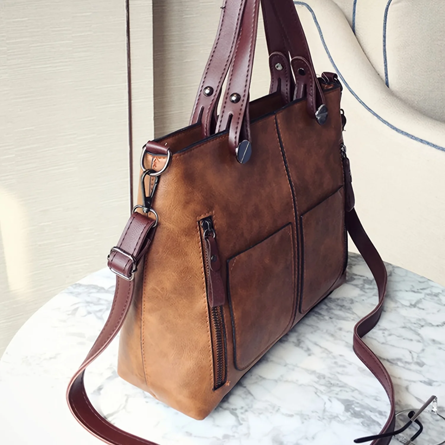 Vintage Style Women's PU Leather Handbag, Large Capacity Casual Tote With Shoulder Strap, Retro Crossbody Bag With Multiple Pock