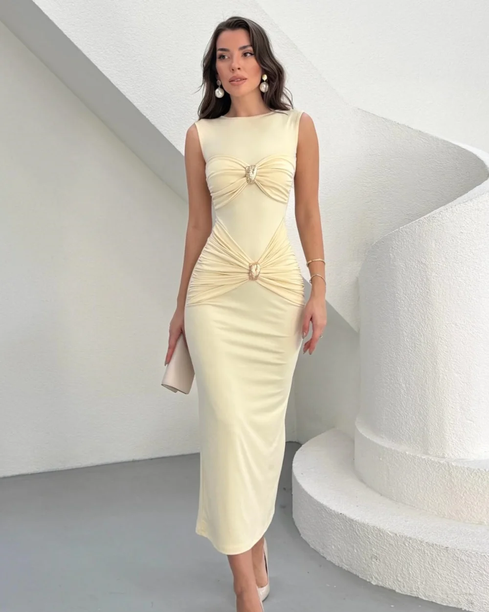 Customized Modern Style Women Jersey Rhinestone Ruched Sheath Evening Dress High Quality O-Neck Sleeveless Ankle Length Dresses