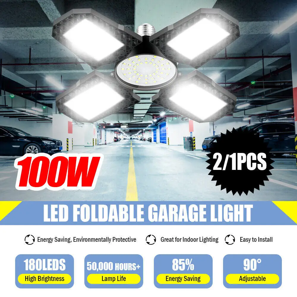 LED Garage Light E27/E26 Bulb Deformable Ceiling Fixture Lights Market Shop Lamp 100W for Warehouse Workshop Industrial Lighting