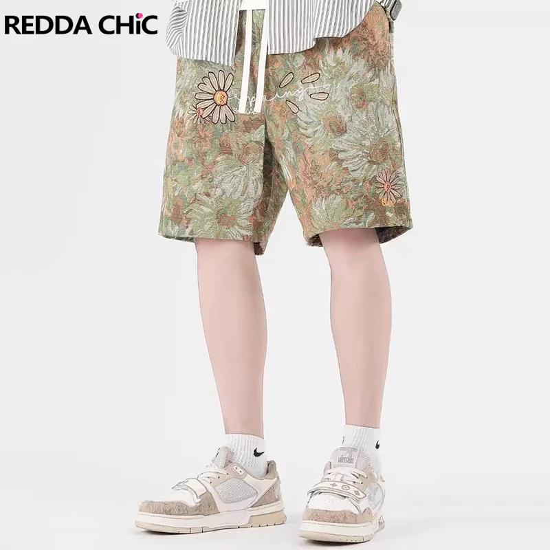 

REDDACHIC Daisy Print Wide Leg Men Shorts Aesthetic Drawstring Elastic Waist Baggy Jorts Beach Casual Sweatpants Summer Clothes