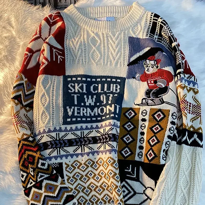 Round neck sweater 2021 Christmas Y2K retro bear sweater ladies and men loose autumn and winter fashion woolen clothes trend ins