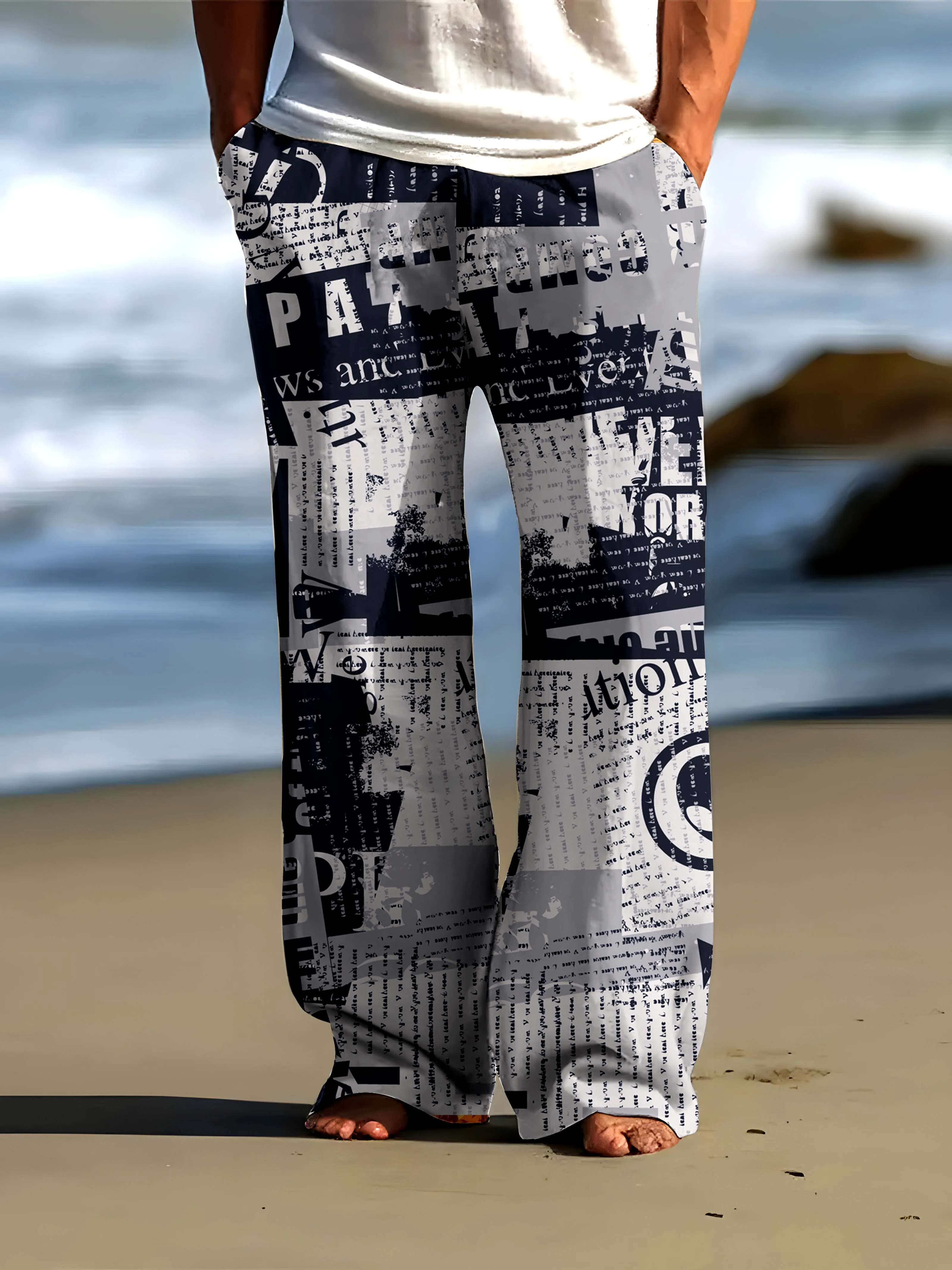 

Мужские свободные широкие брюки с черно-белым газетным рисунком, 3D цифровой печатью, уличные повседневные брюки в стиле ретро, которые не выцветают