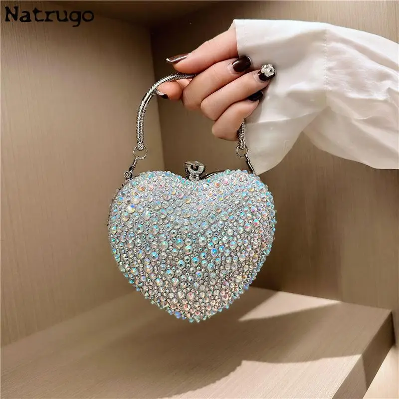 Pochette di cristallo a forma di cuore con intarsio di diamanti di lusso, pietre, borse da sera, borsa a tracolla per festa di nozze, pochette con