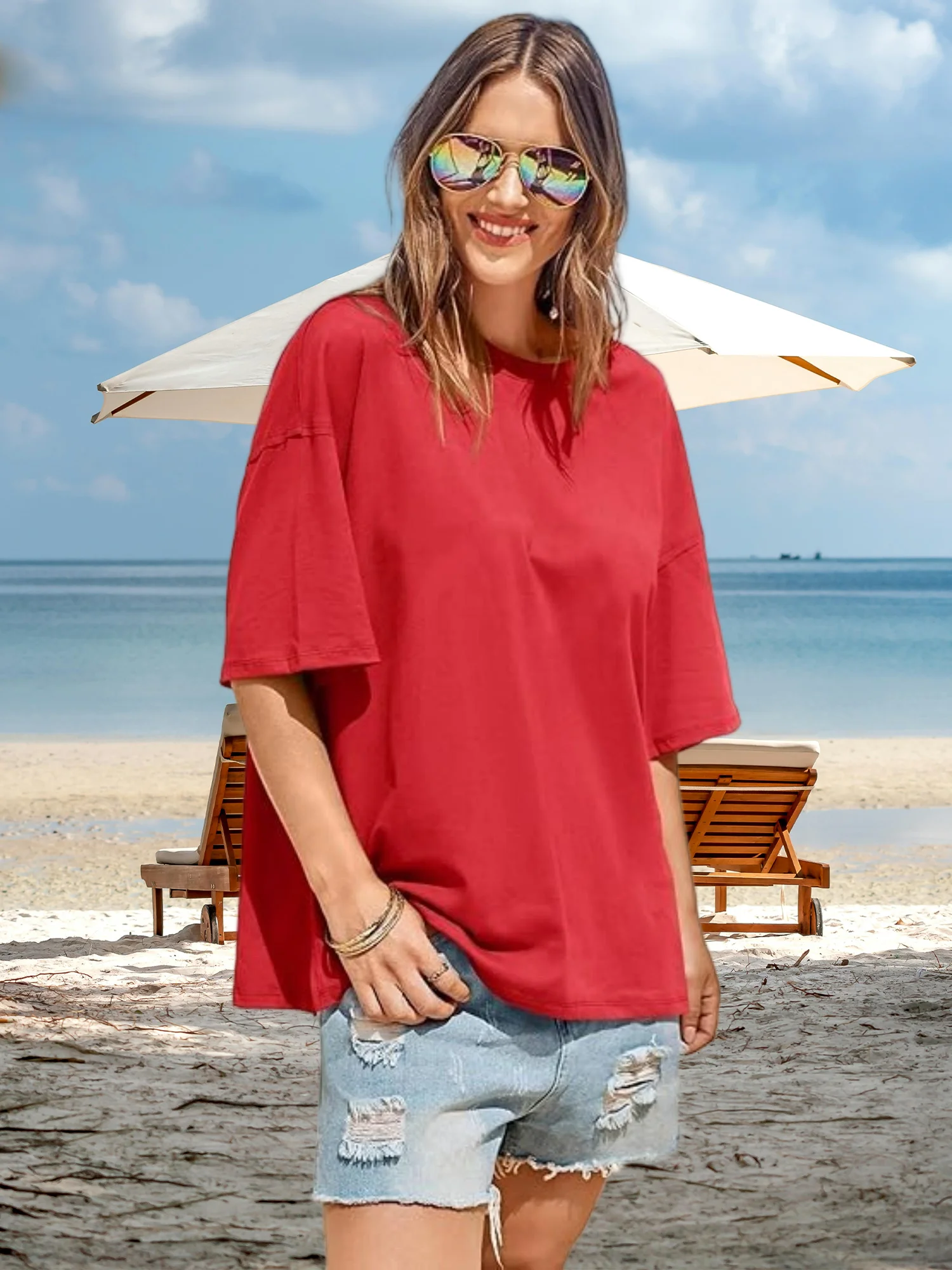 تي شيرت نسائي صيفي كبير الحجم - قميص سادة فضفاض بأكمام قصيرة ورقبة دائرية مع فتحات جانبية