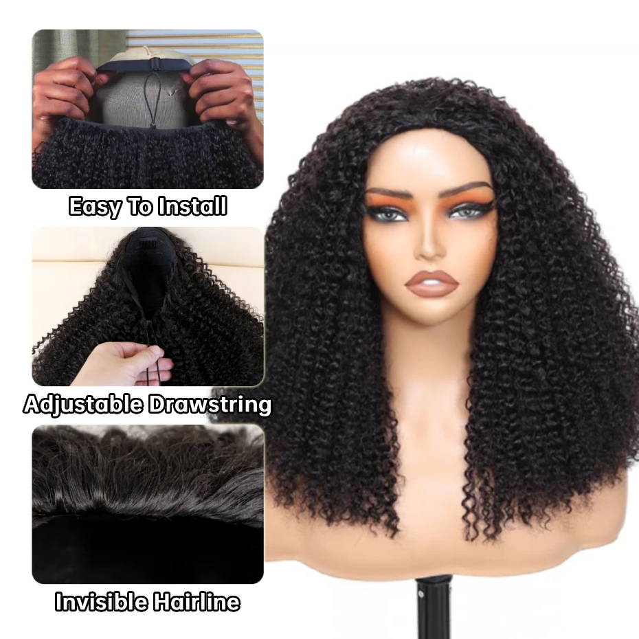 Kinky Curly Half Wig Double Drawn Invisible Drawstring Machine Made Wigs Human Hair Ponytail Invisible Hairline Half Wig 200 220 Density Natural Colored Ready To Wear Vietnamese Human Hair Wig 18 20 22 24 26 Inch Free Shipping