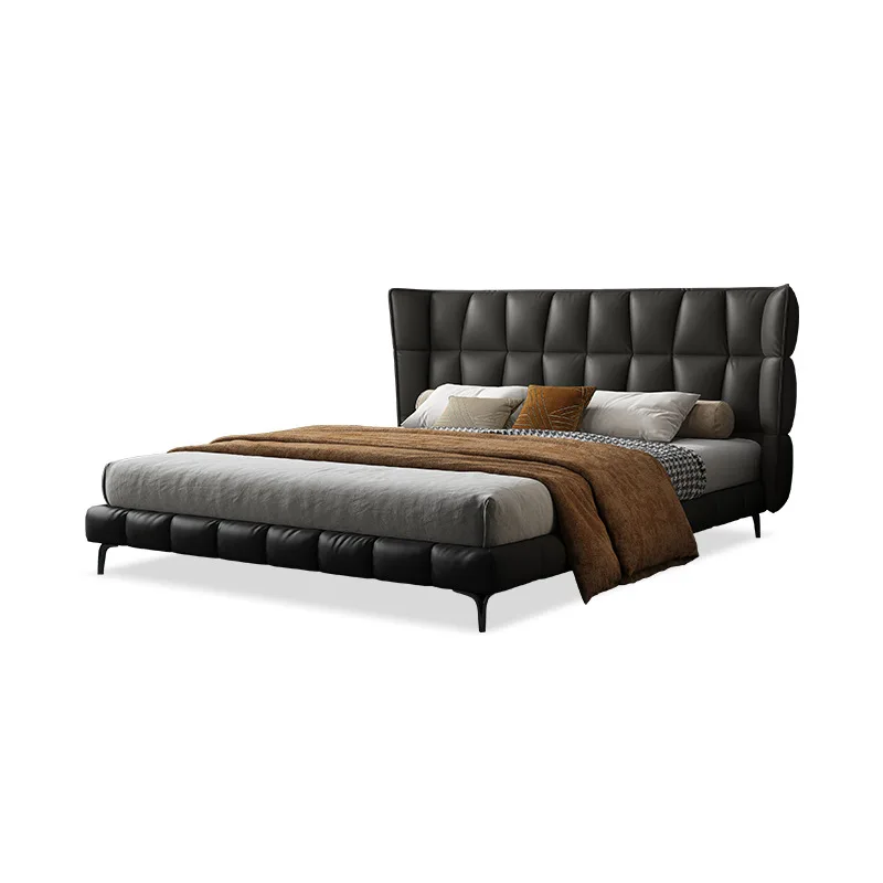 

sh-Husk Bed 1.95m Italian Design High-End Modern Soft Bed with Wooden Frame and Genuine Leather Headboard for Master Bedroom%