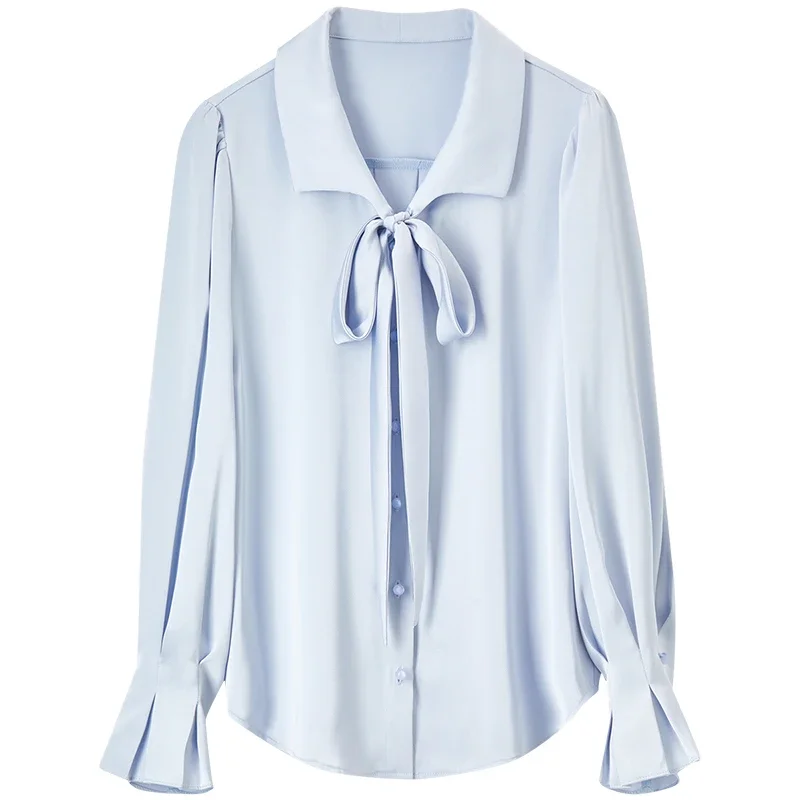 SENTUBILA Women Bow Tie Shirt 2025 Spring Fall Office Lady Petal Sleeve Satin Draped Shirts & Blouses Female Clothes 151C57896