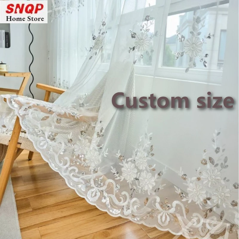 

Custom Size White Tulle European Embroidered Sequins Sheer Curtains for Living Dining Room Bedroom Fashion Luxury Window Veil