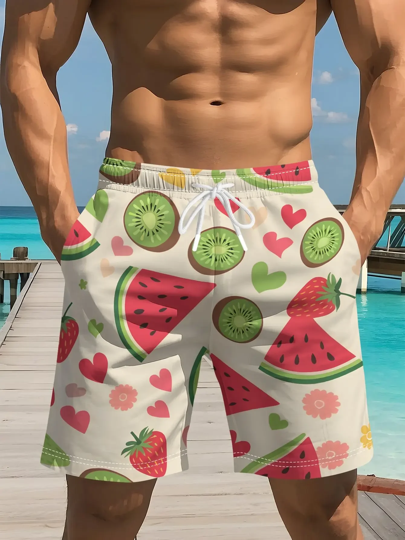 Bestseller Hawaii Swim Shorts Gradient Watermelon Slice Print Elastic Wide Rib Waist Quick Dry Anti Shrink Side Pocket Trunks