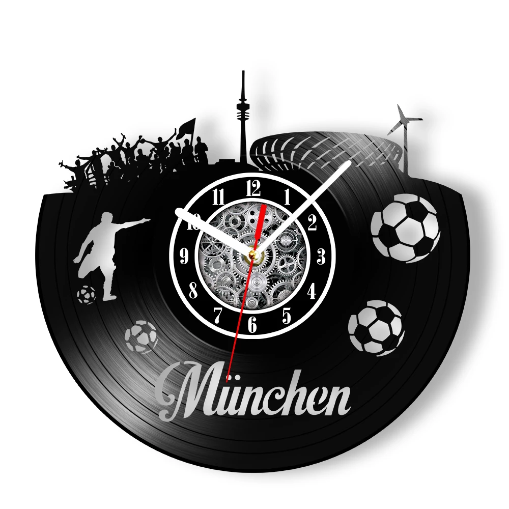 Muchen Skyline Vinyl Record Wall Clock Deutschland Football Stadium Landmar Germany Cityscape Art Clock Home Decor Wall Watch