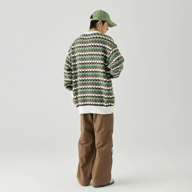 Fashionable Casual Loose Round-neck Knitted Sweater Color-blocking Striped Woven Pullover for Both Men Women Autumn New Style