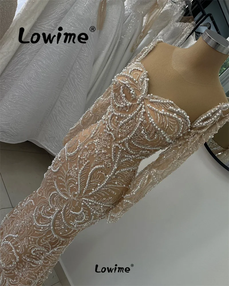 Champagne Arabic Evening Dresses Long Sleeves Pearl Wedding Party Dress Formal Glitter Floral Women Prom Gowns Custom Made Robe